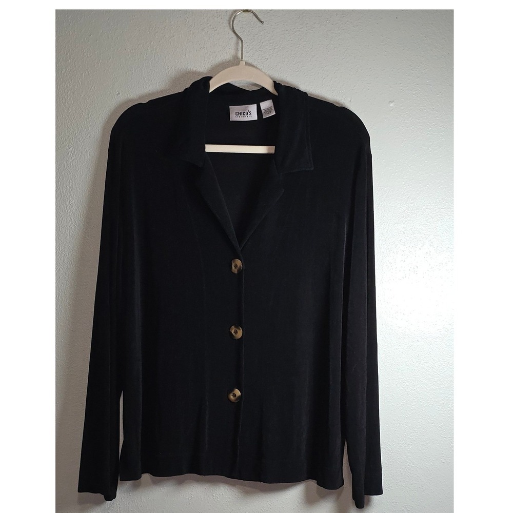 Chicos Travelers Black Button Front Slinky Knit Top Size 2 Large Long Sleeve